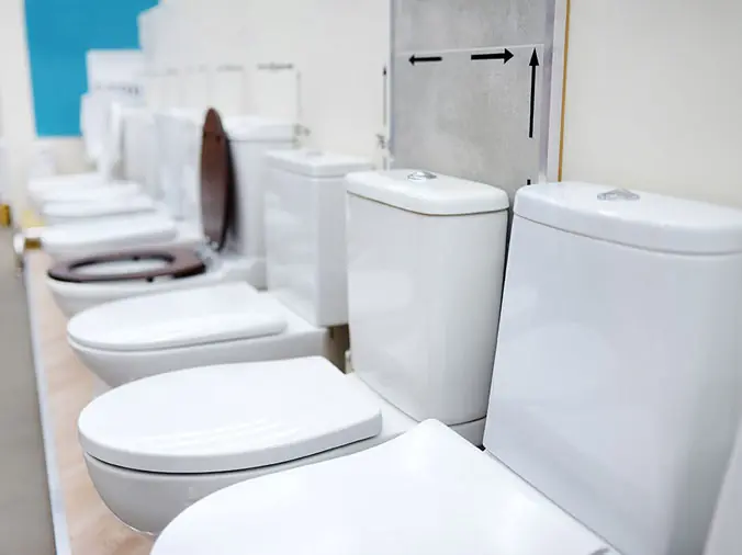Line of toilets in a plumbing supply store
